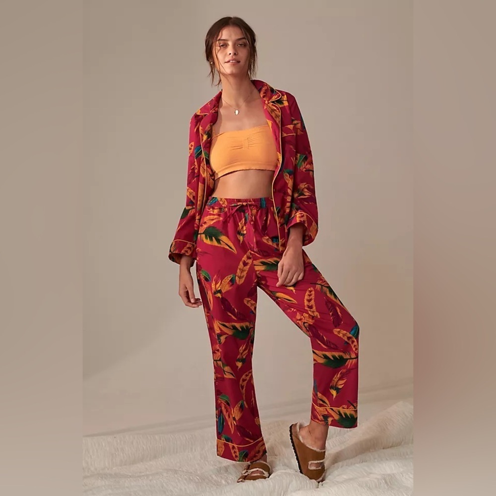 Farm Rio Anthropologie Feather Pajama Pants Sz S PJs Lounge wide leg 100% cotton